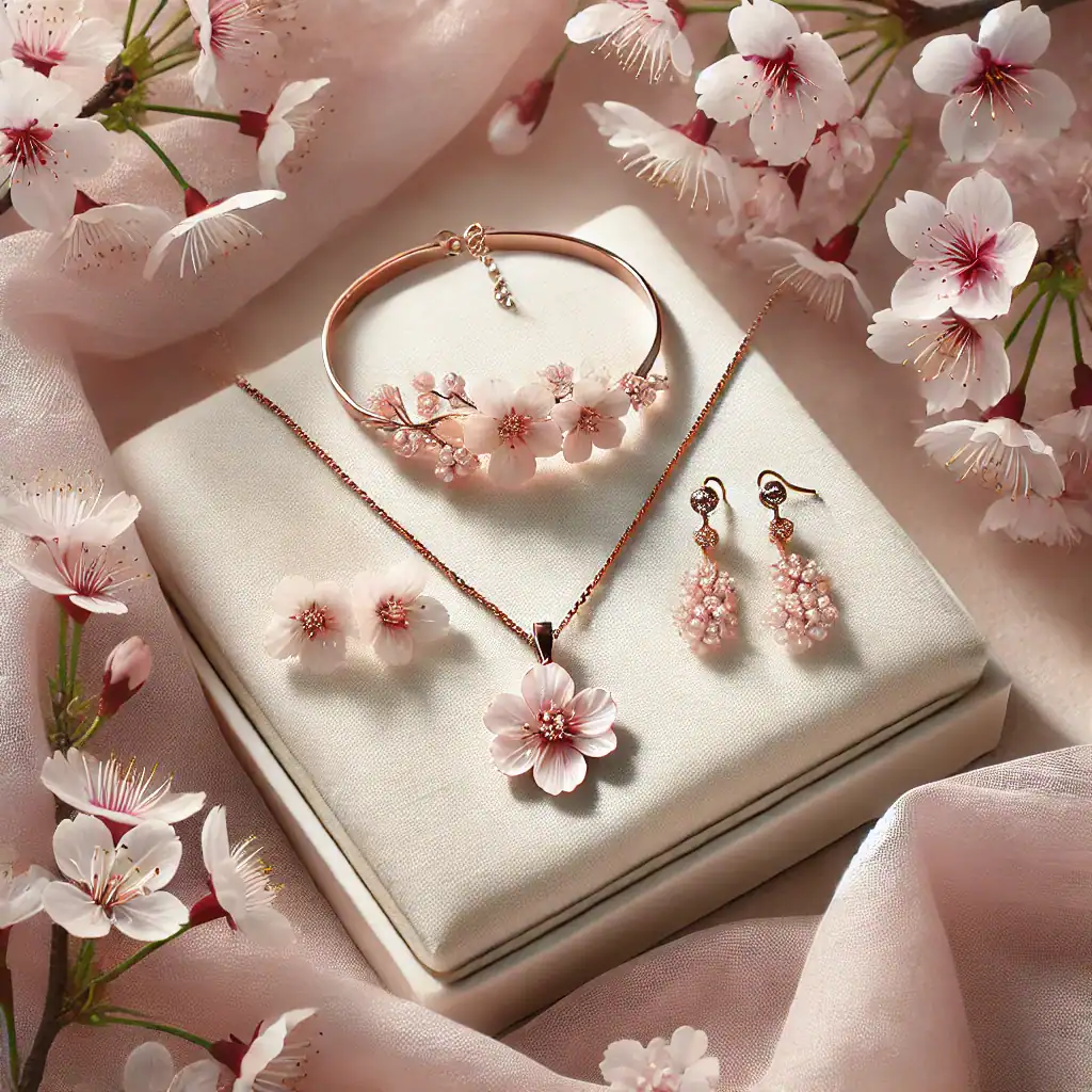 Elegantní šperky s květinovým motivem na růžovém pozadí, ideální pro dámské doplňky, šperky z křišťálu a perlami, ideální pro jarní nebo letní slavnosti.