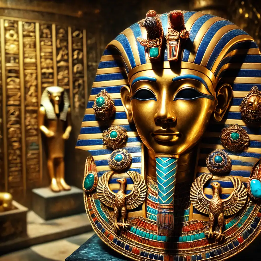 Zlatý a modrý egyptský maska faraona s šperky a ornamenty, tradiční egyptské umění a metalurgie, detaily šperků a vzory, historie starověkého Egypta, legendární kulturní dědictví Bead Culture, výstavní exponát muzeum, ruční práce starověké civilizace.