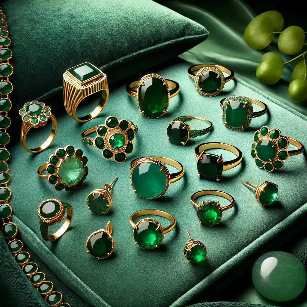 Elegantní šperky s tmavě zelenými kameny a zlatým ozdobným provedením, vhodné pro luxusní a módní doplňky, ideální pro sběratele a milovníky kvalitního šperkařství.