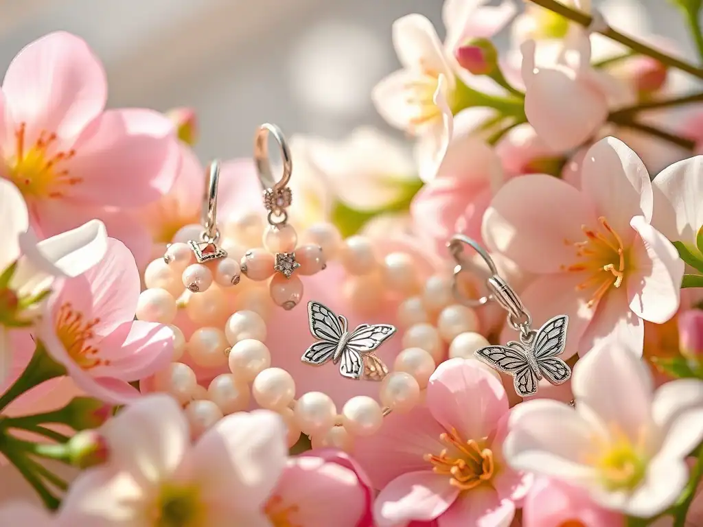 Perlové náušnice s motýlími motivy, květinové doplňky a růžové korálky, elegantní šperky na beaded culture, květinové pozadí, ženská móda, dámské šperky, stylové doplňky, romantický design, módní bižuterie, ručně vyrobené šperky, něžný vzhled, elegantní šperky ze skleněných perel, doplňky pro ženy, rozkvetlé květiny v pozadí, módní šperky, beaded culture kolekce, romantické šperky, letní doplňky, ženy a móda, výroba šperků, zlaté a stříbrné prvky, přírodní motivy.