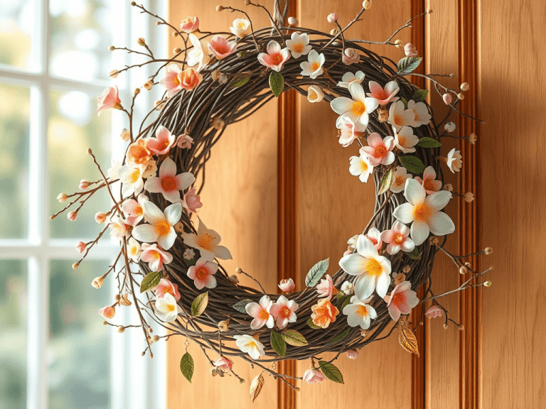 Jarní věnec z umělých květin s růžovými a bílými květy na dřevěném pozadí. Ideální dekorace pro domov či zahradu, vhodná pro jarní nebo venkovní použití.