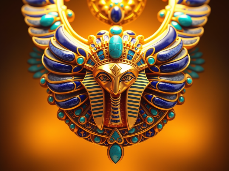 Zdobený egyptský náhrdelník s modrými turmalíny a zlatými prvky, inspirovaný starověkým Egyptem, ručně vyrobený šperk s detailními egyptskými motivy a ornamenty.