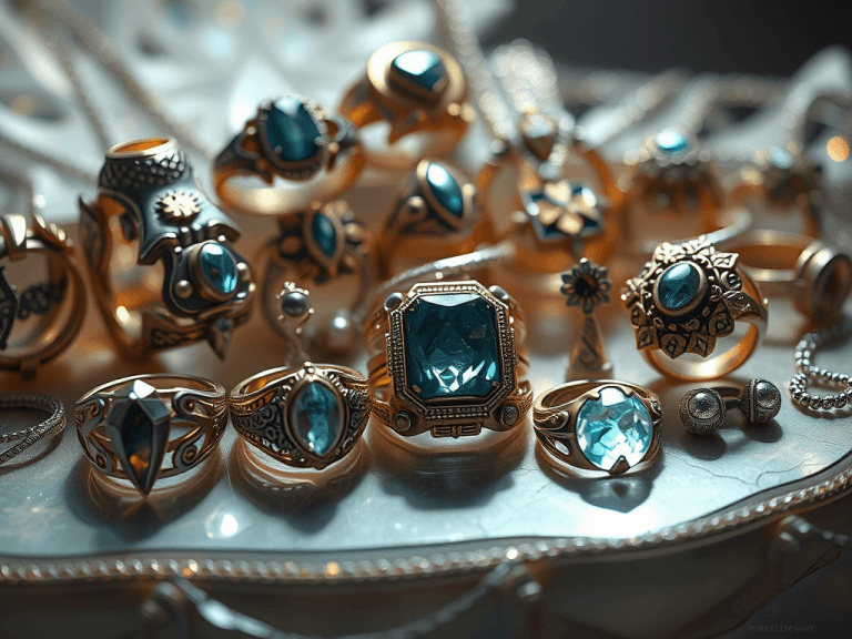 Prsteny a šperky s modrými kameny na stříbrném podnosu, detailní záběr s důrazem na design a lesk drahých kamenů.