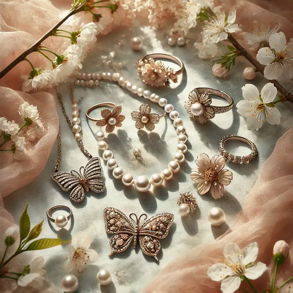 Zlaté a stříbrné šperky s perleťovými květinami a motýly, ručně vyráběné šperky s květinovými motivy a perlami, elegantní dámské šperky na speciální příležitosti, zdobené květinami a perlami, Bead Culture kolekce šperků.