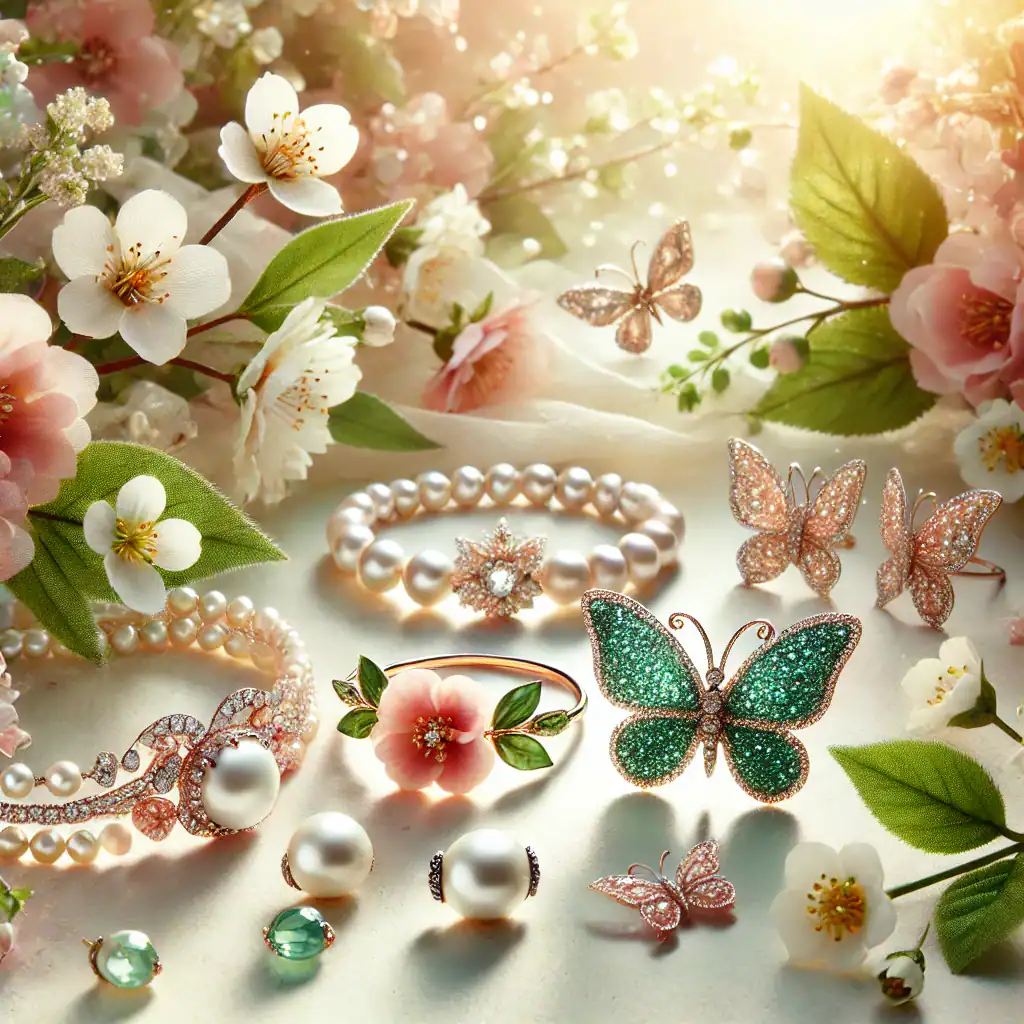 Perlová šperková kolekce s motýly, květinami a elegantními doplňky, ručně vyráběná luxusní bižuterie, dámské šperky s perlemi, moderní a romantický design, ideální pro svatby a zvláštní příležitosti.