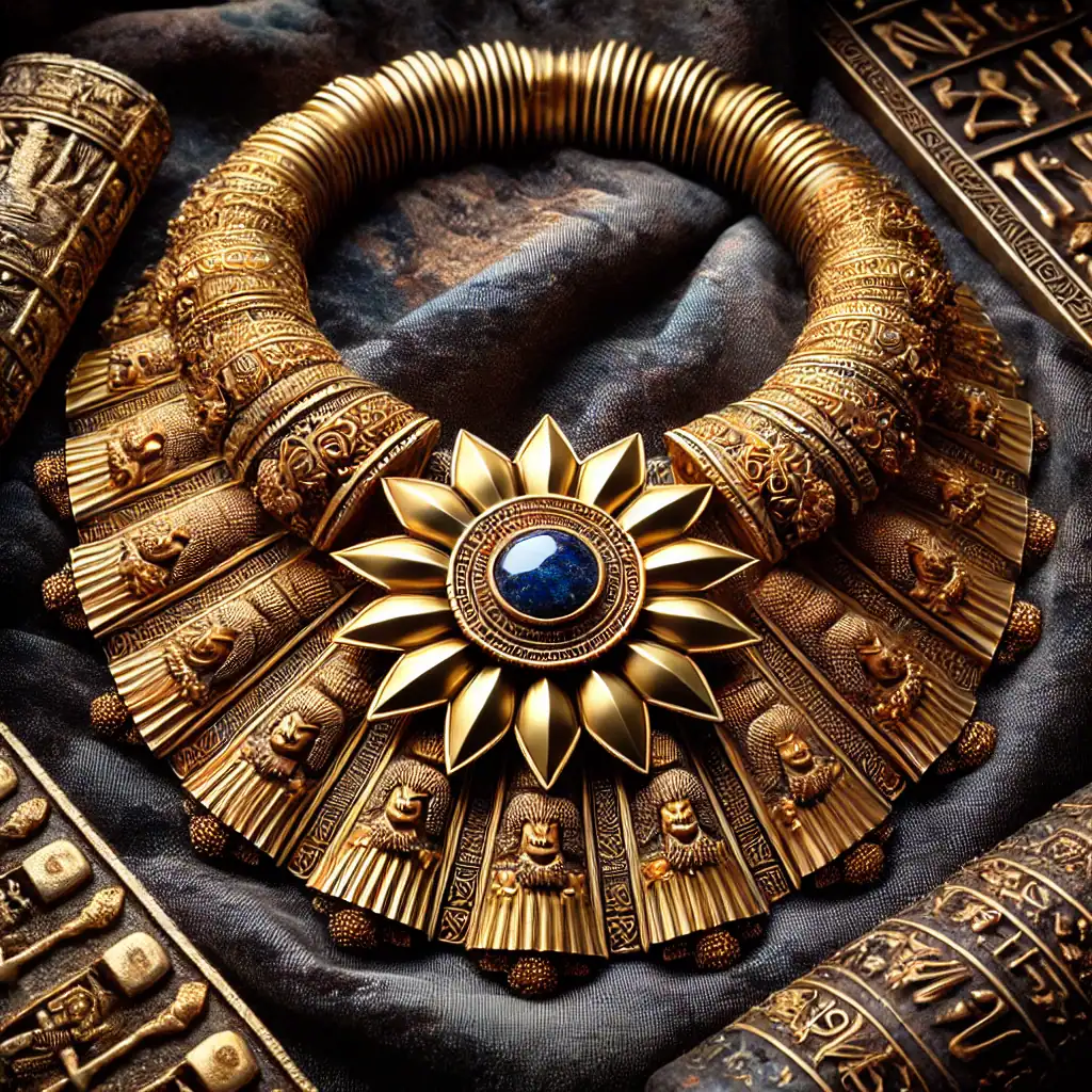 Náhrdelník s plastickým květem uprostřed, inspirovaný mezopotámskými čelenkami, ve zlatém provedení s drahokamovými detaily na tmavém sametu.