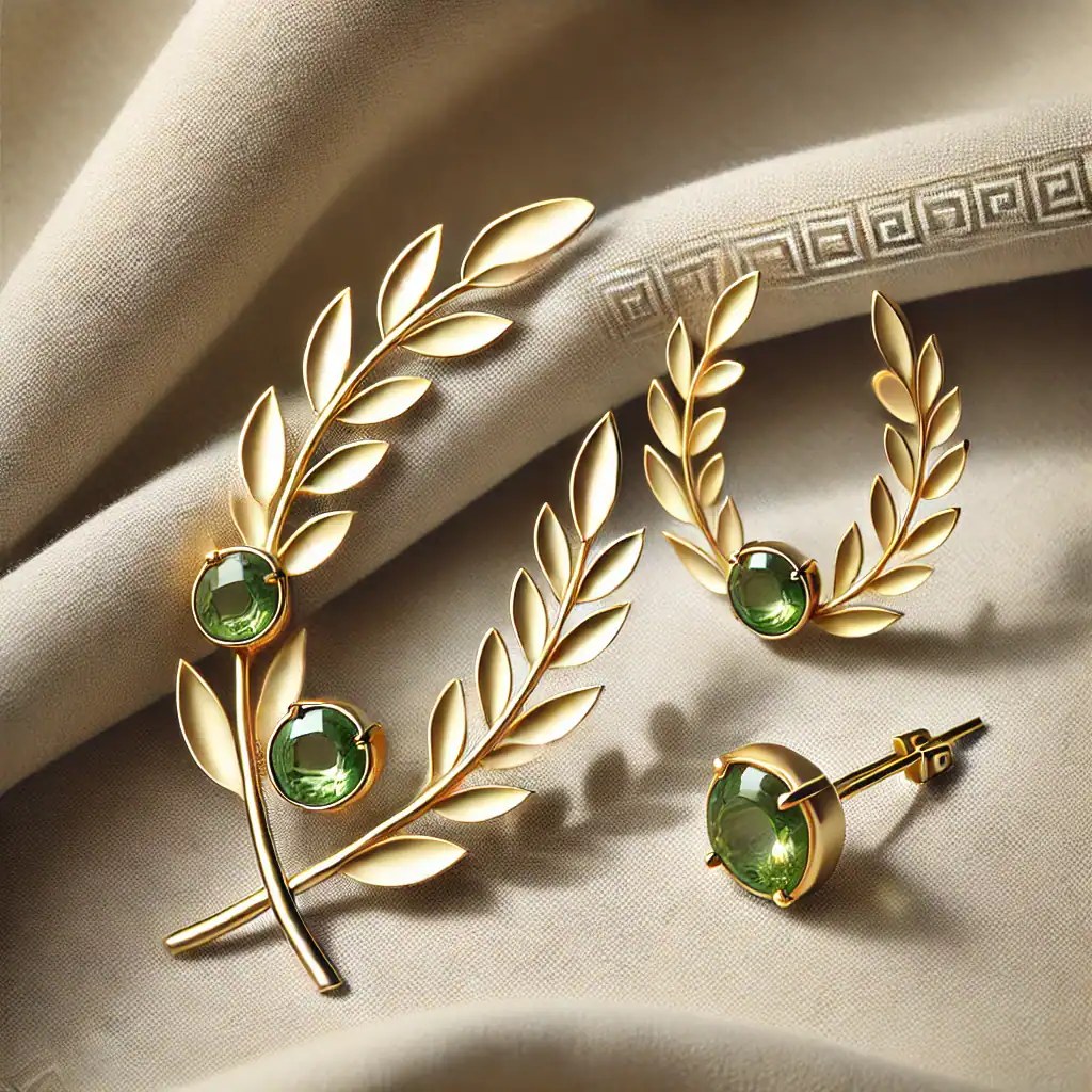 Zlaté šperky se zelenými kameny a listovým motivem, elegantní a luxusní design. Ideální pro dámské šperky a oslavy, ručně vyráběné, ideální jako dárek nebo ozdoba. Vynikající kvalita a styl.