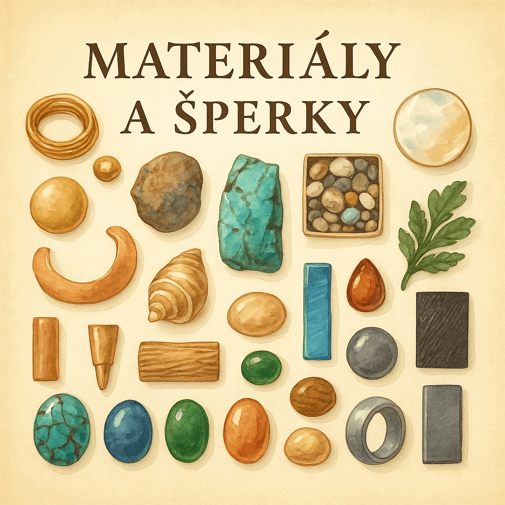 Barevné materiály a šperky na výrobu originálních šperků, tyrkysové, dřevěné a kovové komponenty, kamínky a korálky pro šperkařství a kreativní tvoření.