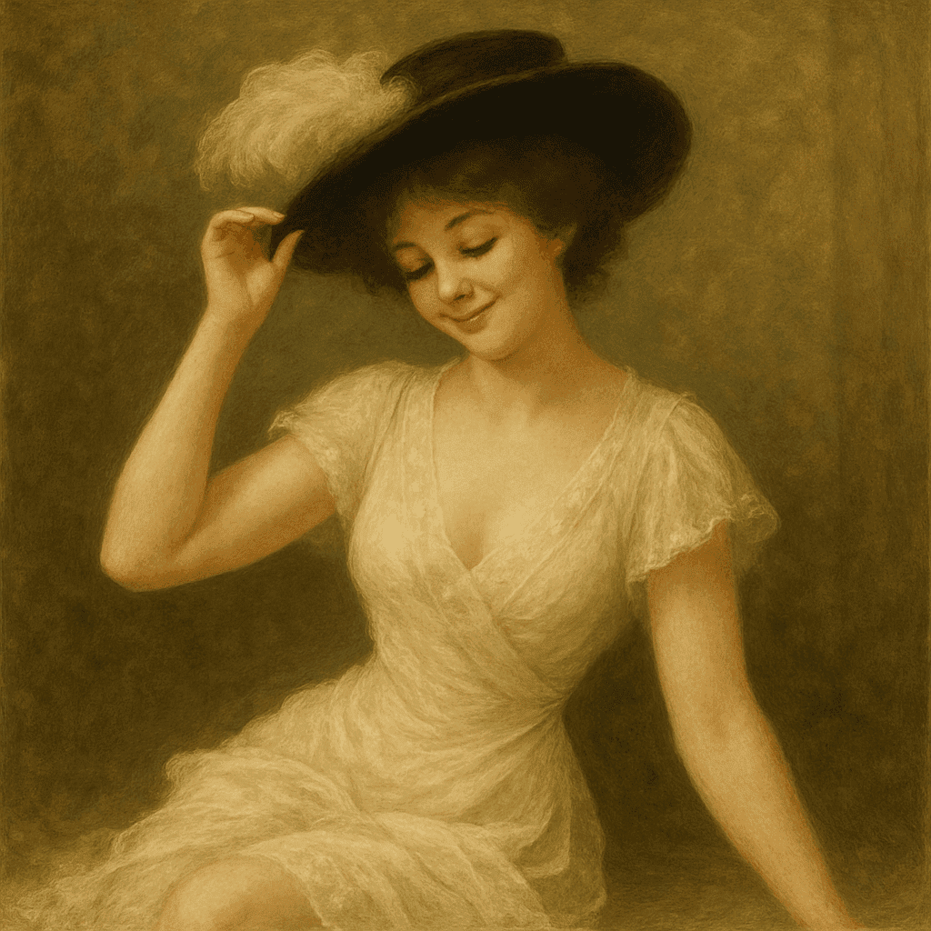 Elegantní žena s kloboukem ve vintage stylu, ideální pro galantní módní šperky a doplňky, vhodná jako inspirace pro výrobu korálkových šperků a dekorací v bead culture.