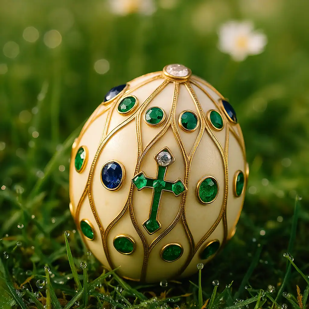 Doprodejní velikonoční kraslice s křížem, elegantní umělecká ozdoba na velikonoce, zdobená drahokamy a zlatým kovem, symbol naděje a víry, ideální velikonoční dekorace, ručně vyráběná velikonoční výzdoba, originální velikonoční dárek, luxusní velikonoční ozdoba, tradiční velikonoční symbol, umělecké velikonoční řemeslo.