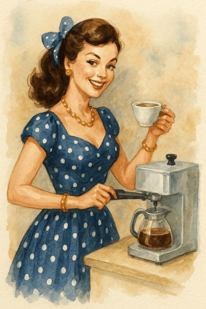 Akvarelová pin-up dívka v modrých puntíkatých šatech s kávovarem a šálkem kávy, ozdobená šperky, ve stylu 50. let.