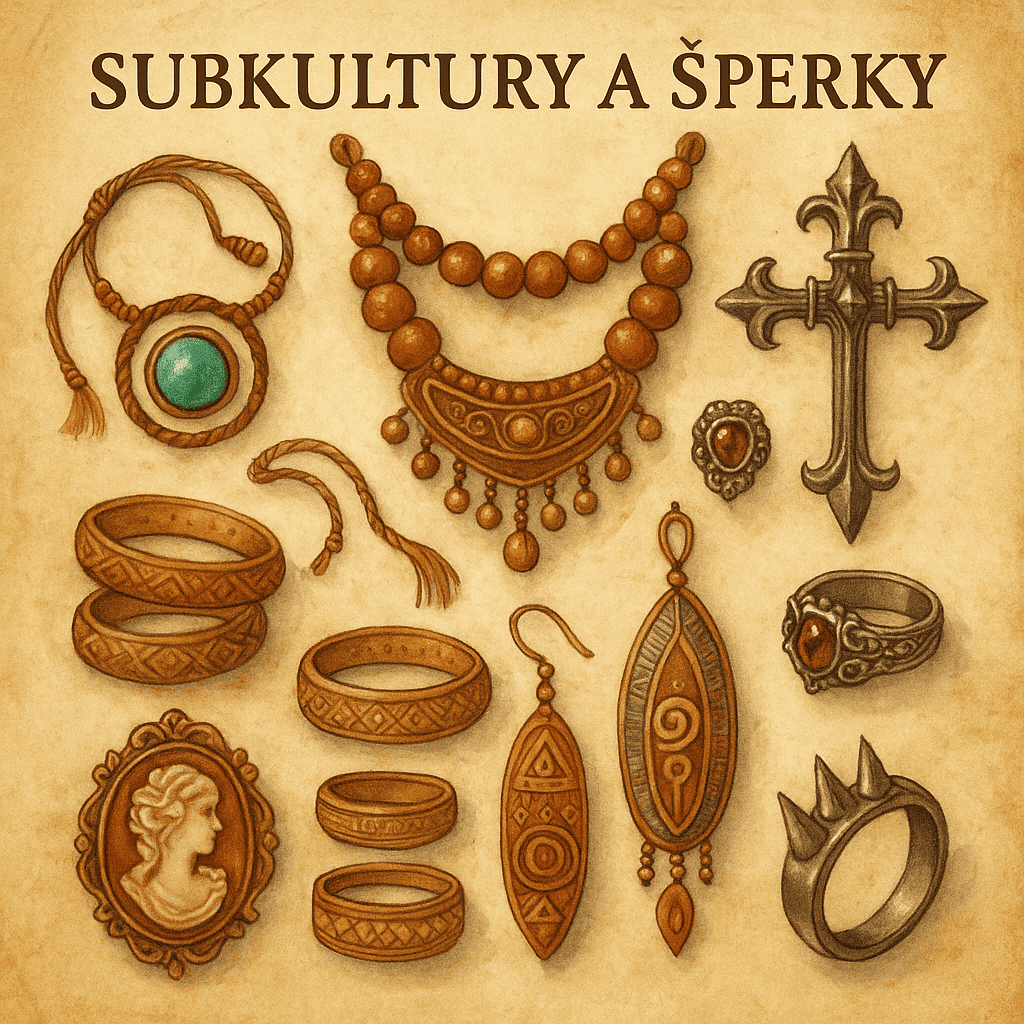 Různé etnické šperky a náhrdelníky na vintage papírovém pozadí, starožitné prsteny, náramky, náušnice a brože s tradičním designem, subkultury a šperky, historické módní doplňky.