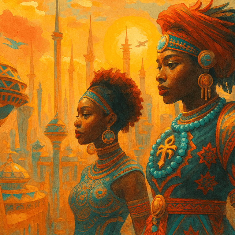 Bead culture, africké ženy v tradičním oblečení, moderní umění, historická a kulturní inspirace, rozmazané město v pozadí, oranžové a modré tóny, umělecká ilustrace, kulturní dědictví, etnické motivy, umělecký obraz, relevance designu a umění pro webové stránky, umění a kultura Afriky.