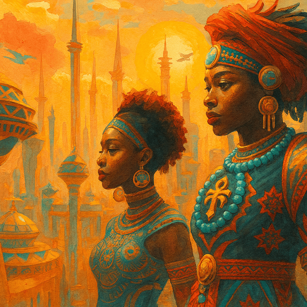 Bead culture, africké ženy v tradičním oblečení, moderní umění, historická a kulturní inspirace, rozmazané město v pozadí, oranžové a modré tóny, umělecká ilustrace, kulturní dědictví, etnické motivy, umělecký obraz, relevance designu a umění pro webové stránky, umění a kultura Afriky.