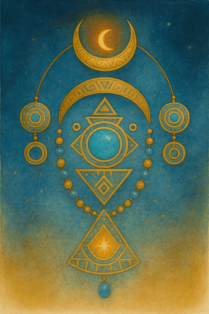 Afrofuturismus – lunární talisman: zlatý srpek, kruhy a trojúhelníky, tyrkysový kámen a korálky na hvězdném modrém pozadí.