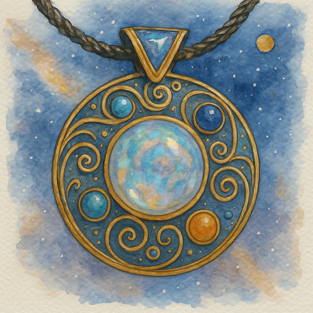 Afrofuturismus – kosmický přívěsek s opálem a zlatými spirálami, planety na modrém smaltu, hvězdné pozadí.