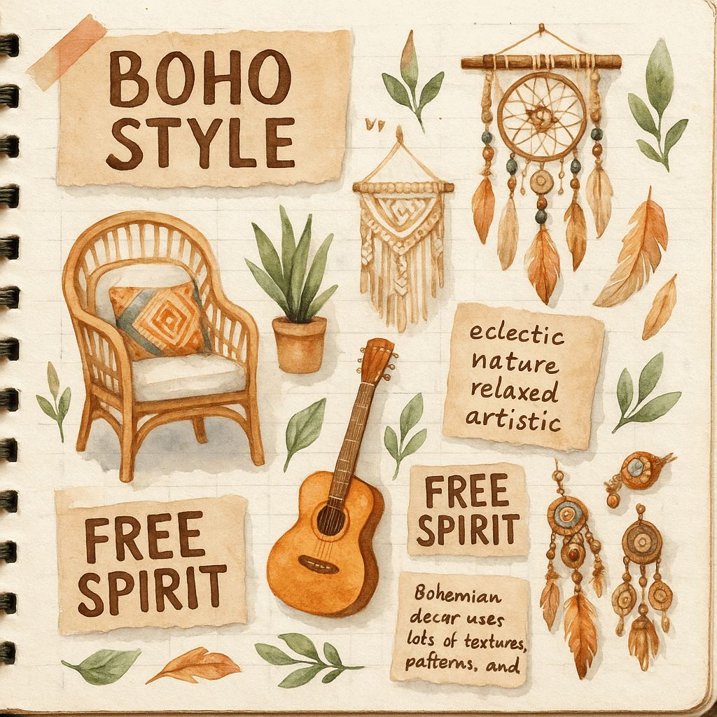 Kreativní ilustrace boho stylu s nábytkem a dekoracemi, akustická kytara, papírové nápisy s texty "Free Spirit" a "Bohemian", přírodní prvky jako listy, ptáky a dráty, ručně malované.