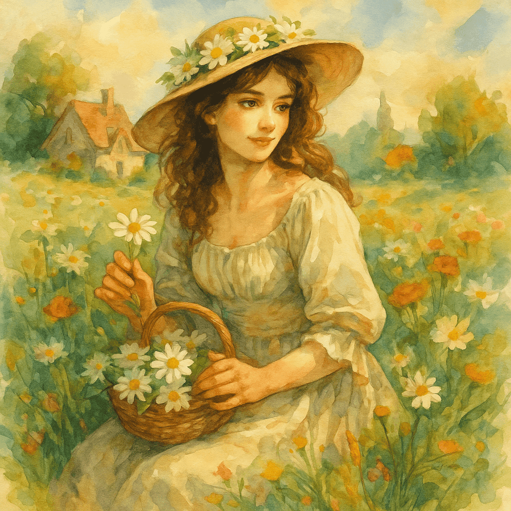 Květiny v koši a zahradě, malba s romantickou dámou v letovém klobouku a květinami, jarní scenérie, vintage styl, ženská postava s přírodou, ilustrace v akvarelovém stylu, přírodní krásy.
