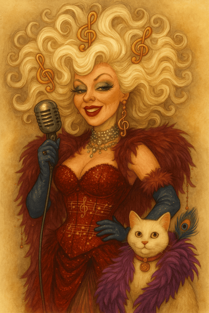 Okl. hudební umělkyně s bílým drdolem, zpívající s mikrofonem, extravagantní šaty a šperky, portrét v uměleckém stylu, inspirovaný módou a hudbou, kreativní ilustrace pro bead culture, odhalující krásu a styl, originální umělecké ztvárnění, vhodné pro fanoušky módy a umění.