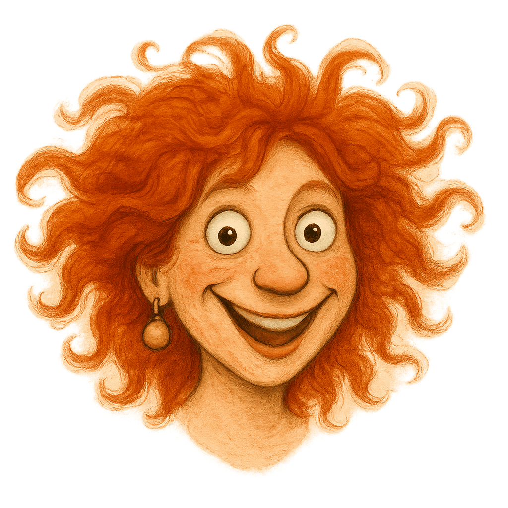 Roztomilá ilustrace ženy s načechranými rezavými vlasy a širokým úsměvem, ideální pro kreativní šperky a výtvarné projekty.