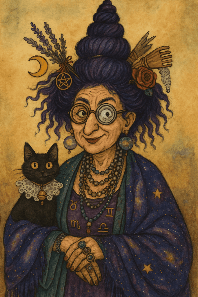 Kouzelná čarodějnice s dlouhými šedivými vlasy v hlavě má veselou tvář s magickým zrakem přes brýle, oblečená v kostýmních šatech s hvězdami a šťastnými atributy, doplněná o kočku s ozdobným límcem a kouzelné amulety, prodej ručně vyrobených šperků a dekorací na Bead Culture.