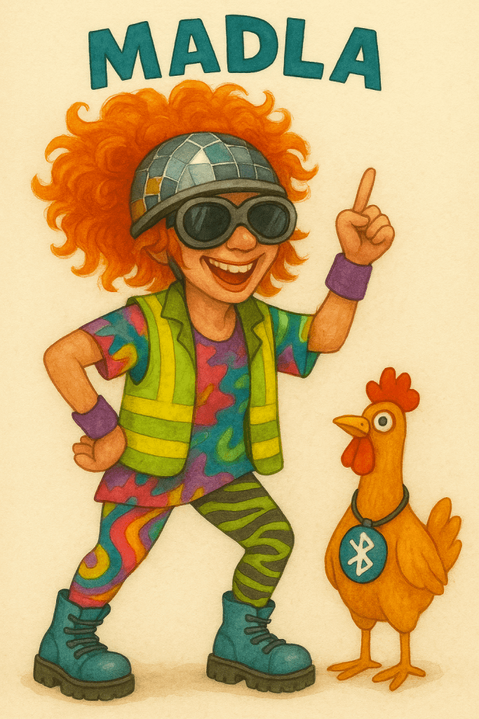 a cartoon of a man with a chicken