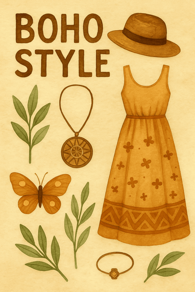 Ženské letní lehké šaty v boho stylu, doplněné o široký klobouk, náušnice a náramek s přírodními prvky, doplněné o zelené větvičky a motýla, ideální pro boho stylové šperky a módu.