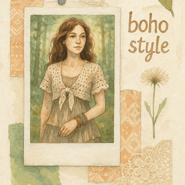 Boho styl dívka v letním boho outfitu s látkovým vrškem a sukní, doplněná náramky, v přírodním prostředí, ručně malované akvarelové umění, módní trend boho styl, relaxační a volná móda, letní styl, bohem style, přírodní a etno inspirace.