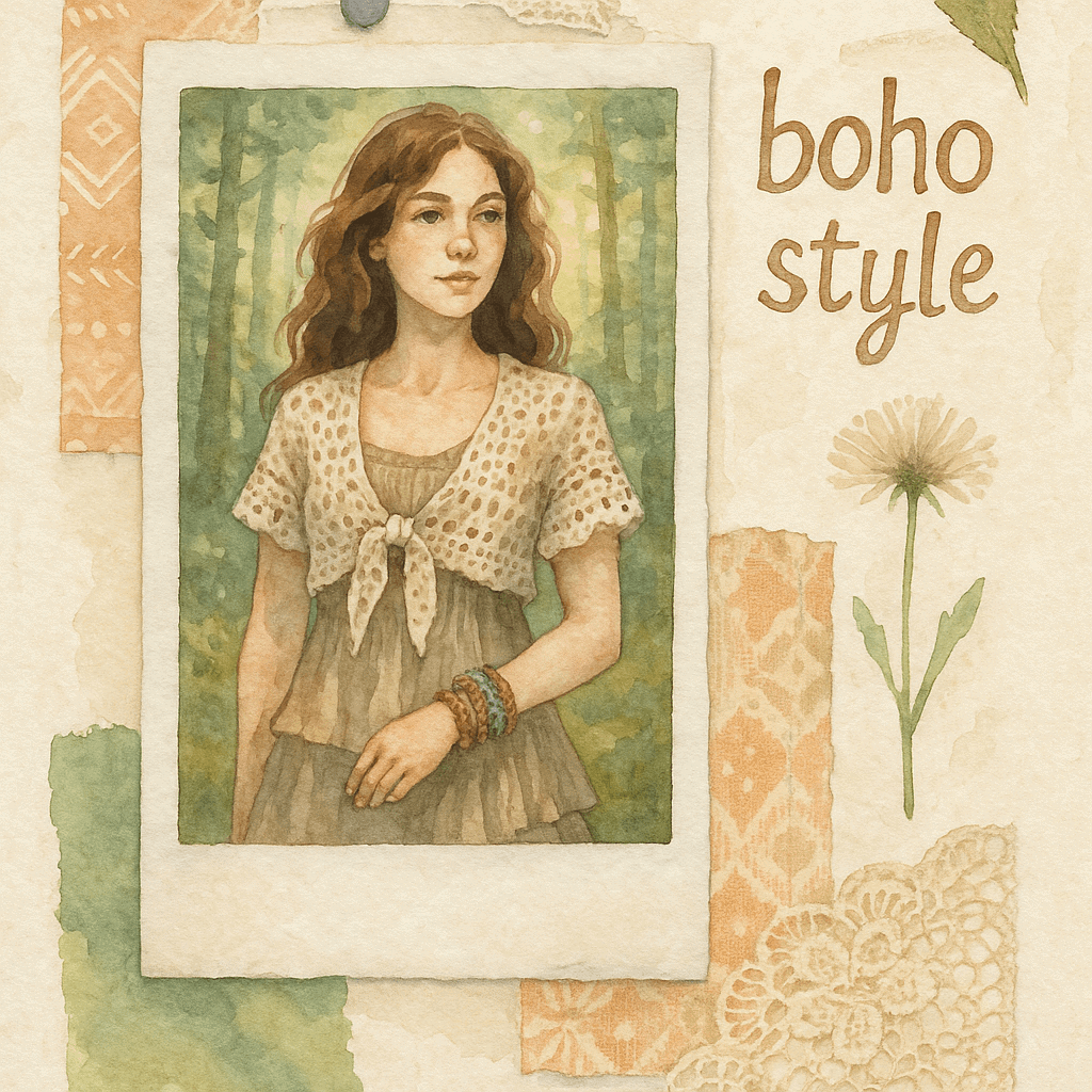 Boho styl dívka v letním boho outfitu s látkovým vrškem a sukní, doplněná náramky, v přírodním prostředí, ručně malované akvarelové umění, módní trend boho styl, relaxační a volná móda, letní styl, bohem style, přírodní a etno inspirace.