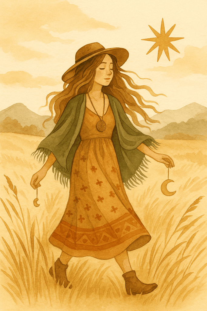 Kreativní ilustrace ženy v přírodě, odívající se v boho stylu s dlouhými vlasy, kloboukem, šperkem s motivem slunce, držícími měsíce a hvězdy, v zlatavé krajině s horami a oblohou, podzimní nebo letní atmosféra.