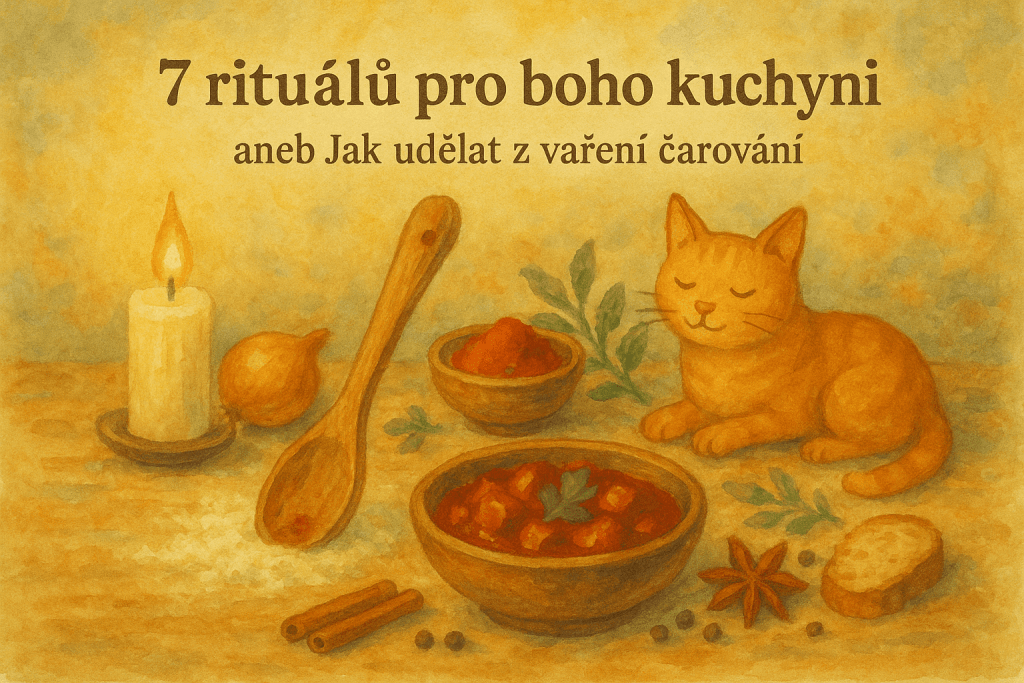 Ručně malovaný obrázek s kočičí tématikou a různými ingrediencemi na kořenění a vaření koření, doplněný o svíčku a bylinky, vhodný pro dekorativní použití v kuchyni.