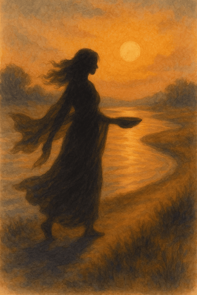 Hladká silueta ženy na pobřeží při západu slunce s teplými tóny oranžové a hnědé, umělecké ztvárnění, inspirované beading a kreativním šperkem, ideální pro téma "Bead Culture".