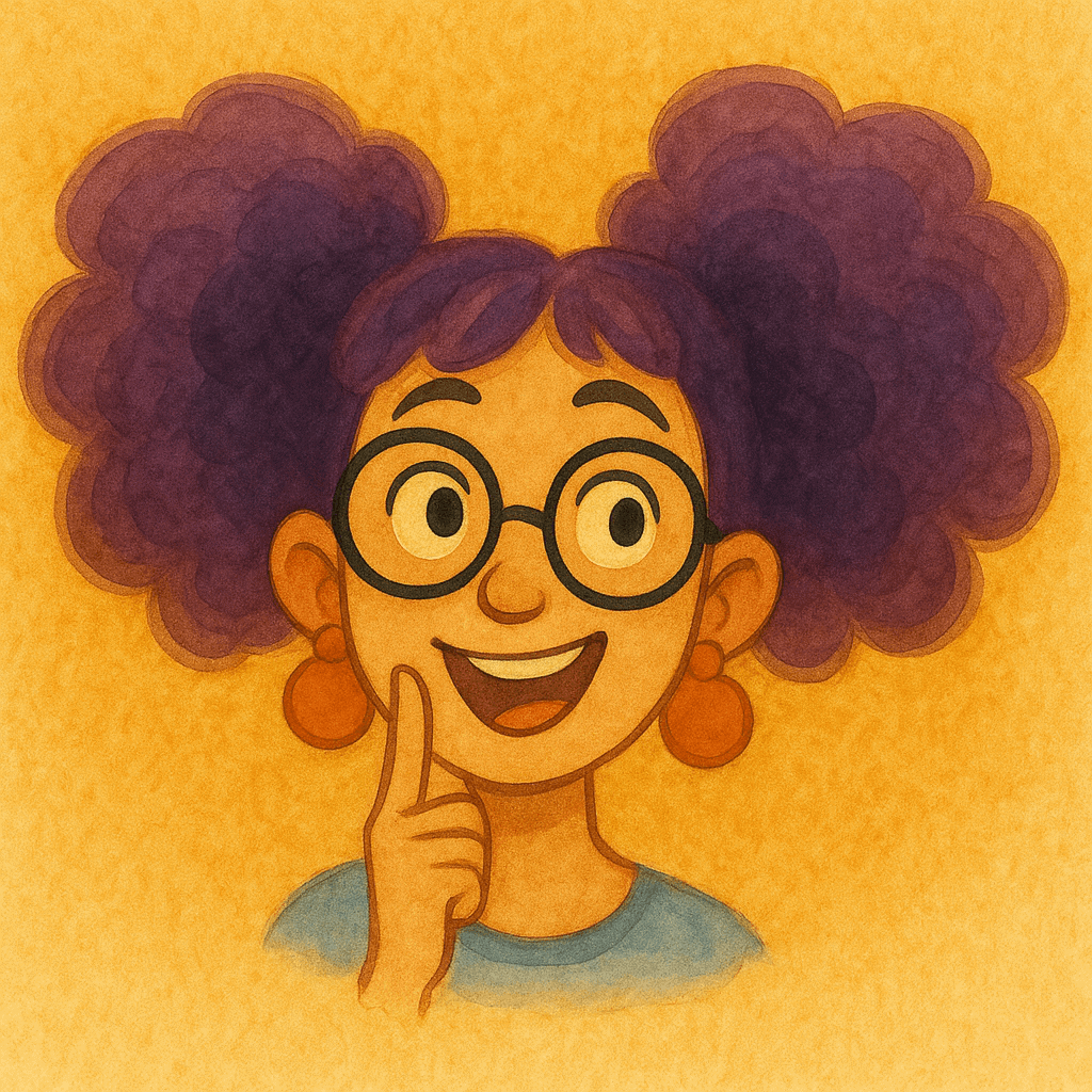 Barevn ávěs a srdce, krásná dívka s velkými kruhovými brýlemi a rozcuchanými fialovými kudrnatými vlasy, usmívá se s mámím prstem na tváři, ilustrace stylu kreslené postavičky, kreativní a hravé obrázek pro inspiraci do světa korálků a šperků, ruční tvoření a kreativita, Bead Culture, móda a umění z korálků.