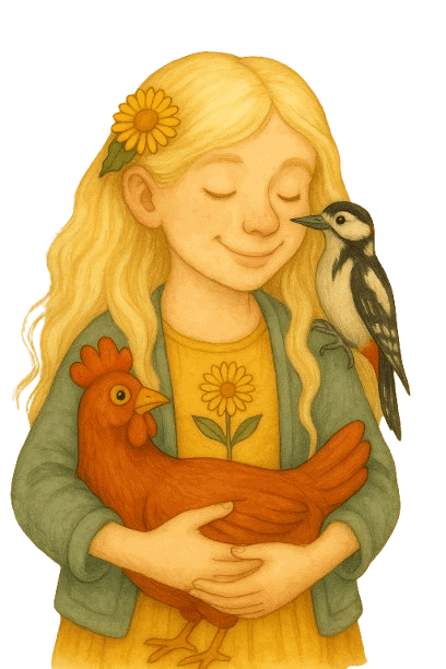 Barevná ilustrace dívky s ptáčky a květinami, ilustrativní obrázek pro ručně vyráběné korálkové šperky a dekorace, vhodná pro web Bead Culture.