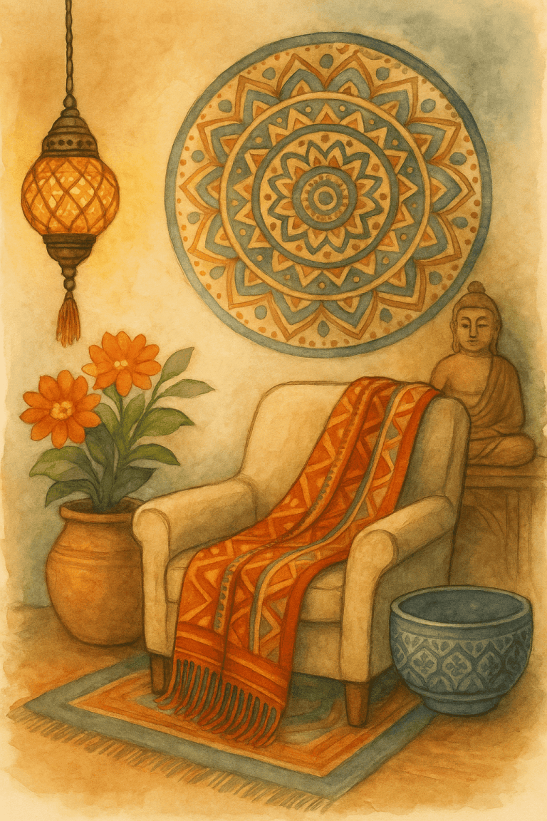 Teplé etbare dekorace s etnickým motivem, thajská inspirace, domestický pokoj s velkou květinou, závěs a socha Buddhy, relaxační atmosféra, umění a ruční práce, bytový dekor, boho styl.