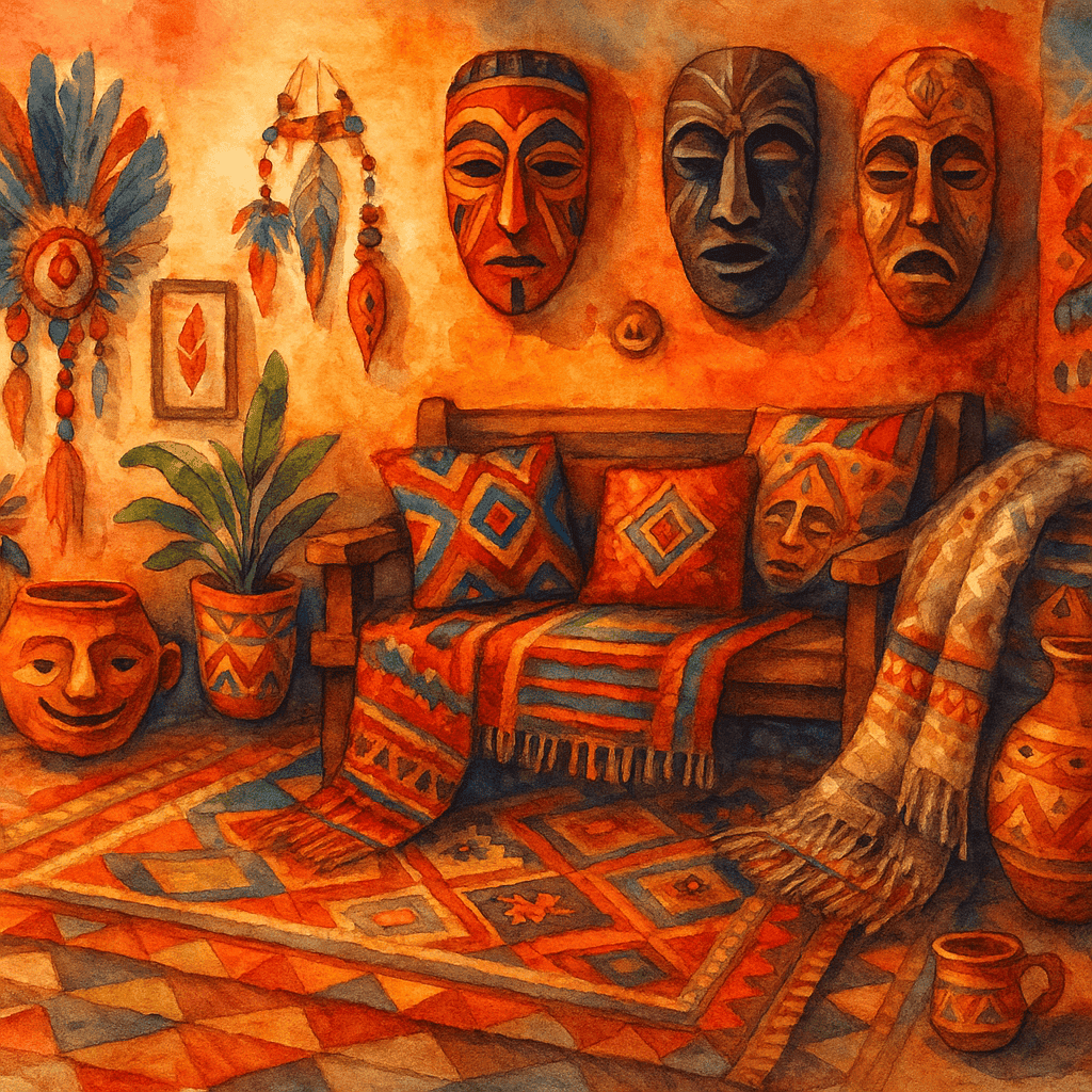 Barevné etnické dekorace, masky a keramika s tradičními vzory v interiéru inspirovaném africkou kulturou, zdobená rustikálním nábytkem a pestrými polštáři.