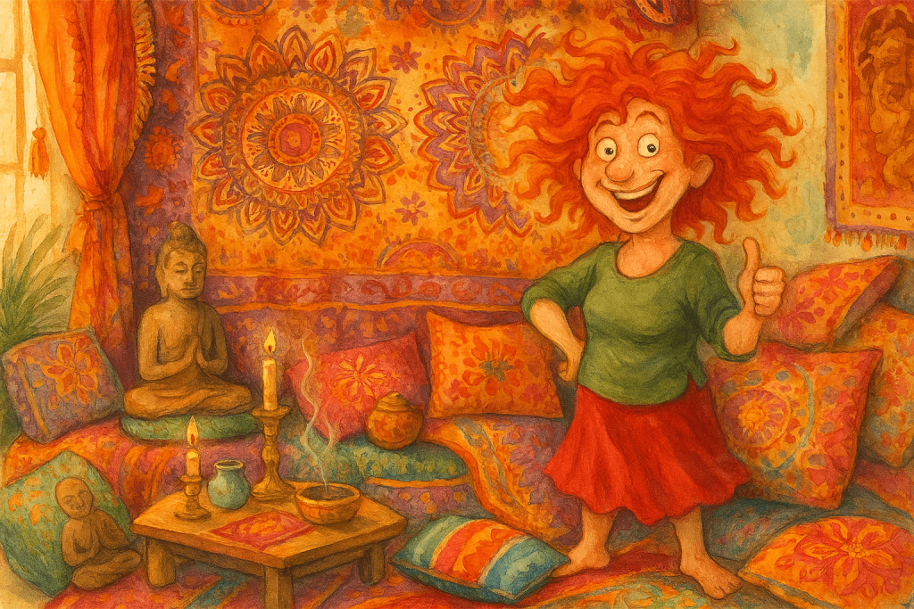 Barvené relaxační jóga meditace domácí interiér filozofie zen buddhismus barevné dekorace meditace jóga nábytek pokoj sezením meditace yoga relax profesionální wellness pastelové barvy obrázek pro relaxační jógu a meditaci, s dítětem v meditativní pozici a bohémským interiérem, který zdůrazňuje kulturu klidu a meditace na obrázku zahrnuto relaxační prostory a dekorace s etnickým a zen stylem, vhodné pro zdraví, wellness a mindfulness projekty.