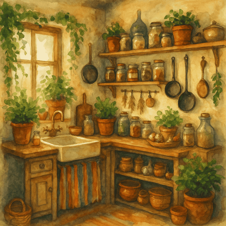 Zářivá obrazové malba kuchyň s keramickými a skleněnými nádobami, bylinkami a dřevěnými policemi v rustikálním stylu, s přirozeným světlem ze starého okna.