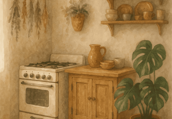 Raňajková kuchyně s rustikálním stylem, dřevěný nábytek, keramické konvice a talíře, zavěšené sušené bylinky na stěně, zelená monstera v květináči, teplé pastelové barvy, přírodní materiály, domácká atmosféra, ideální pro kreativní tvoření s korálky.