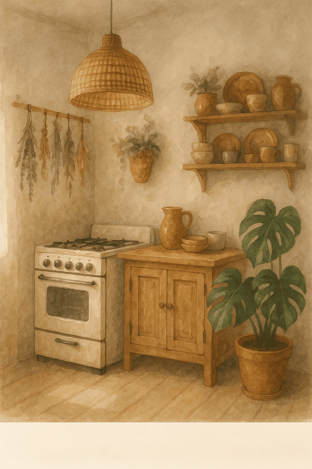 Raňajková kuchyně s rustikálním stylem, dřevěný nábytek, keramické konvice a talíře, zavěšené sušené bylinky na stěně, zelená monstera v květináči, teplé pastelové barvy, přírodní materiály, domácká atmosféra, ideální pro kreativní tvoření s korálky.