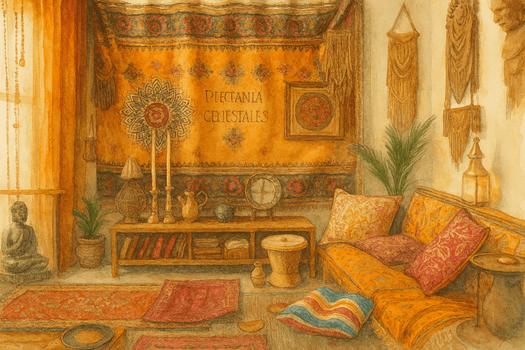 Boho interiér s indickým vlivem – mandaly, barevné textilie a spirituální dekorace.