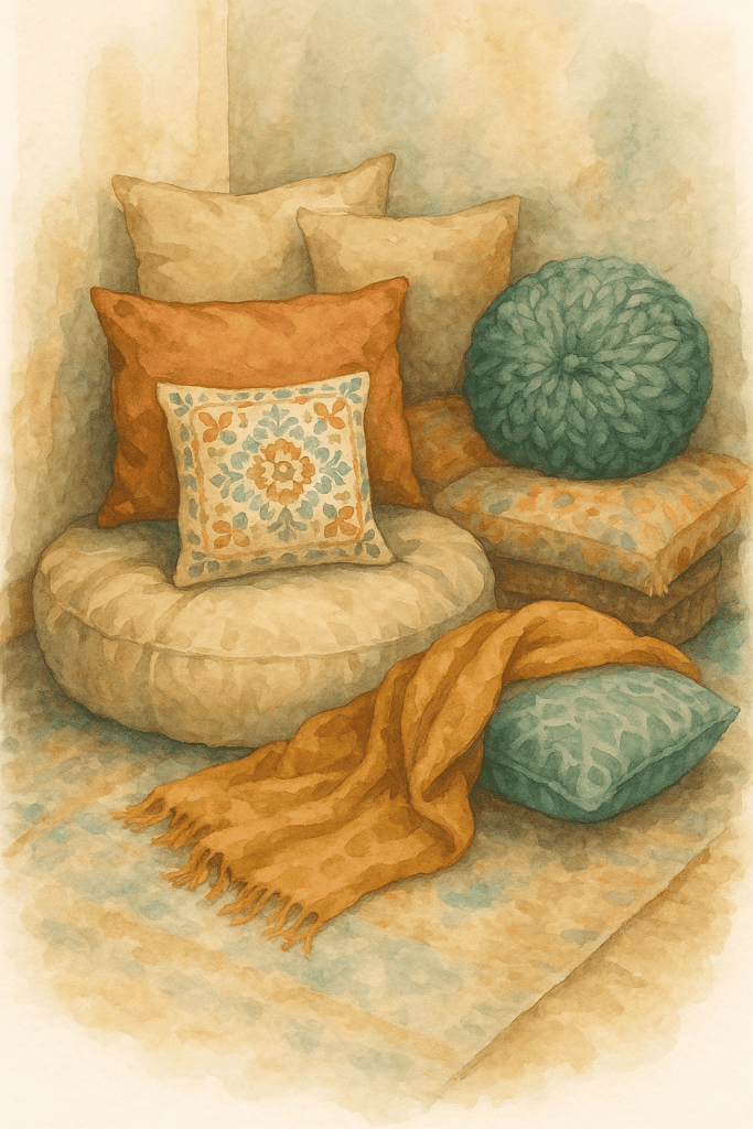 Barevné polštáře na pohovce s vzory a texturami, dekorační prvky v domácnosti, útulný interiérový motiv. To je Boho obývák.