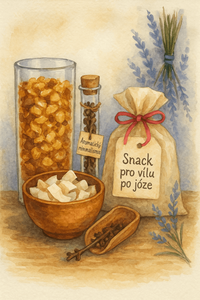 Boho kuchyně – granola, koření a vločky v průhledných sklenicích.