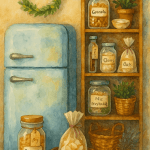 Sušené bylinky a oves na police s označením "Granola", "Cloves" a "Oats" v kuchyni, dekorace v akvarelovém stylu, inspirace pro výrobu domácí granoly.