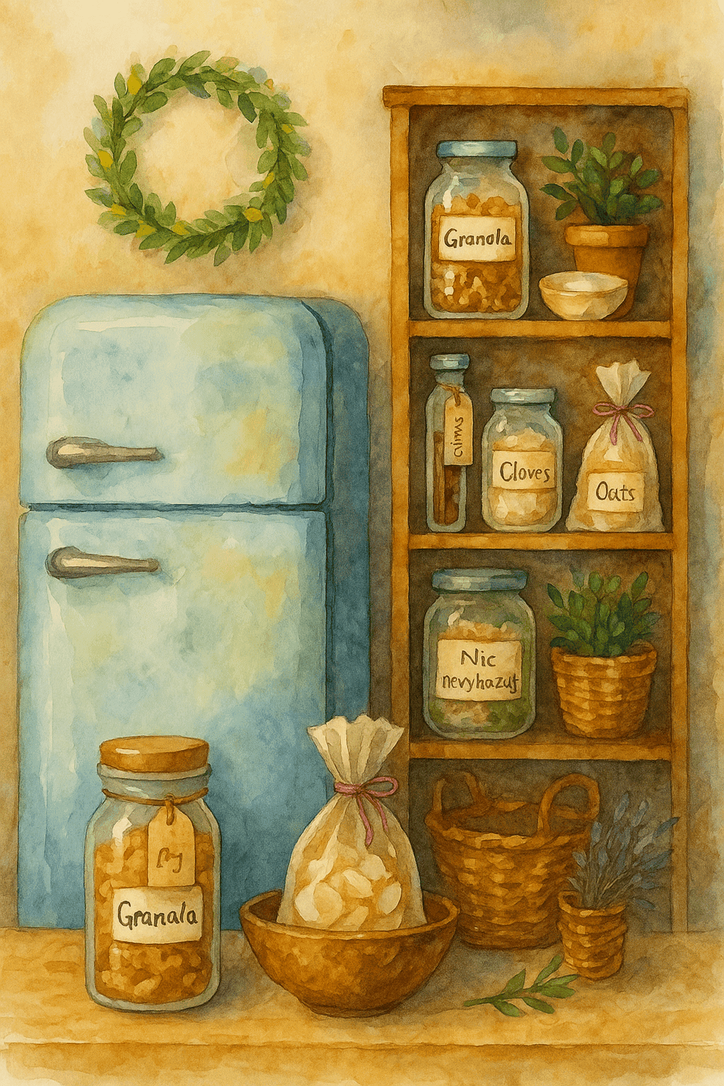 Sušené bylinky a oves na police s označením "Granola", "Cloves" a "Oats" v kuchyni, dekorace v akvarelovém stylu, inspirace pro výrobu domácí granoly.