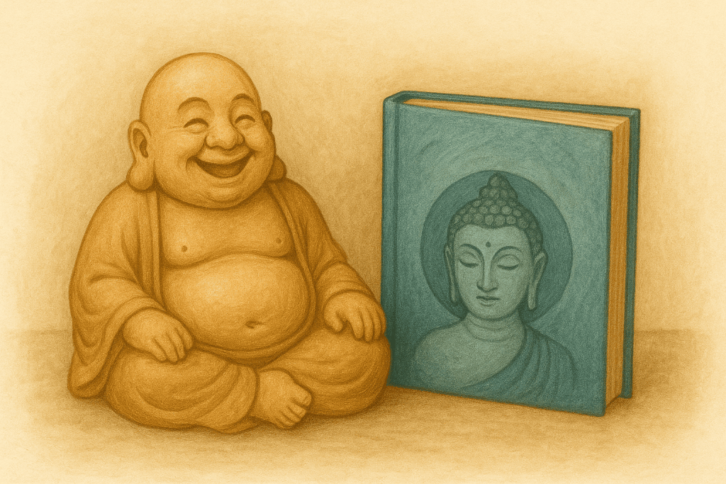 Usměvavý soška veselého mnicha s obrázkem Buddhy vedle sebe, tradiční buddhistická nebo meditační dekorace, ručně vyrobené umění, inspirace pro zenové prostředí, relaxace a duchovní rozvoj.