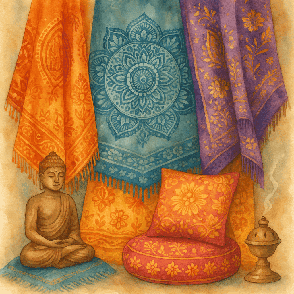 Barevné indické tkaniny s mandalou, sedačka a soška Buddhy, pro spiritualitu a bohémský dekor, Čína, Bangladéš, Indie, Thajsko.