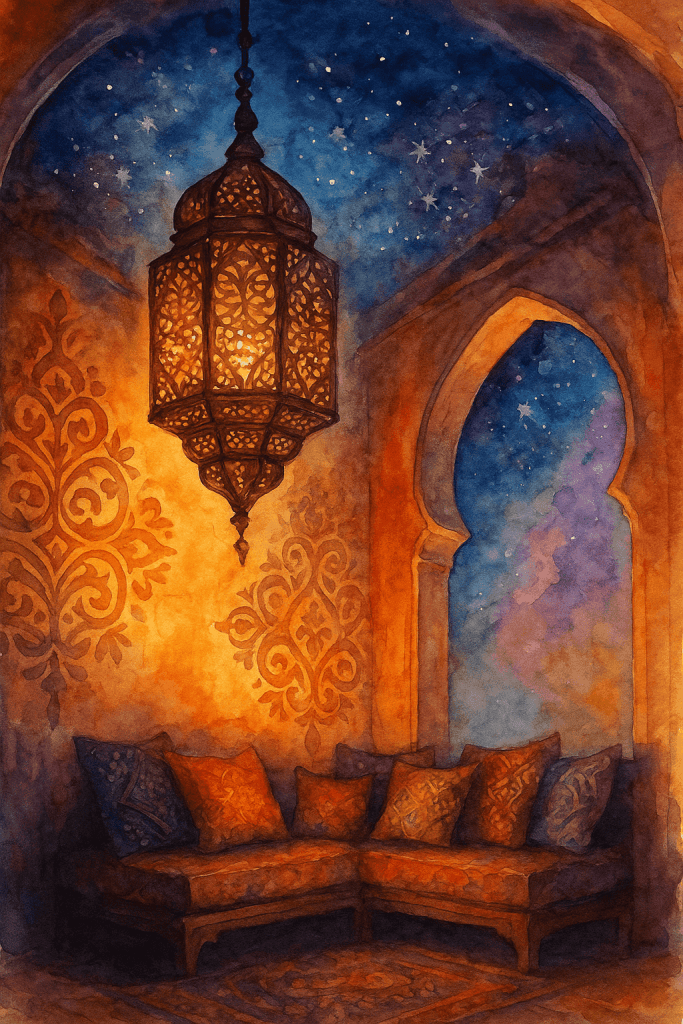 Marocký styl interiéru – orientální lucerna, vyřezávané ornamenty na zdi, barevné polštáře a pohovka s výhledem na hvězdnou oblohu.