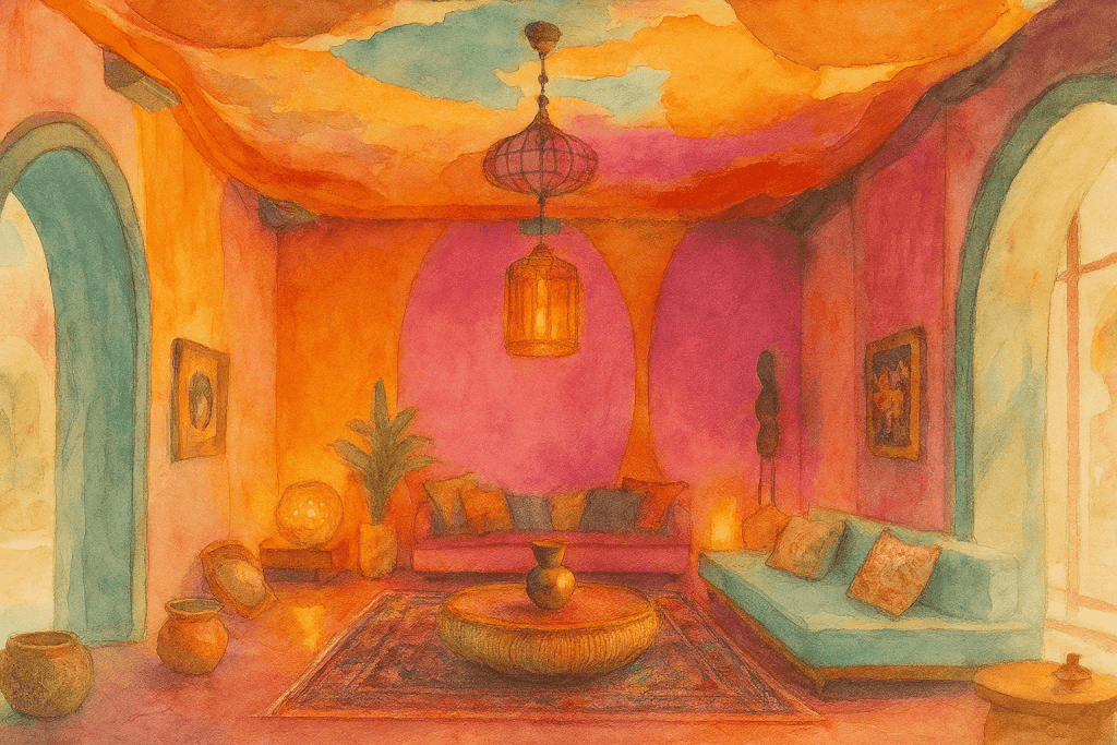 Barevný interiér s výrazným světlem, podlahou s orientálním kobercem a nábytkem ve stylu indie, vhodný pro tvorbu šperků a umělecké projekty s tématem Bead Culture.