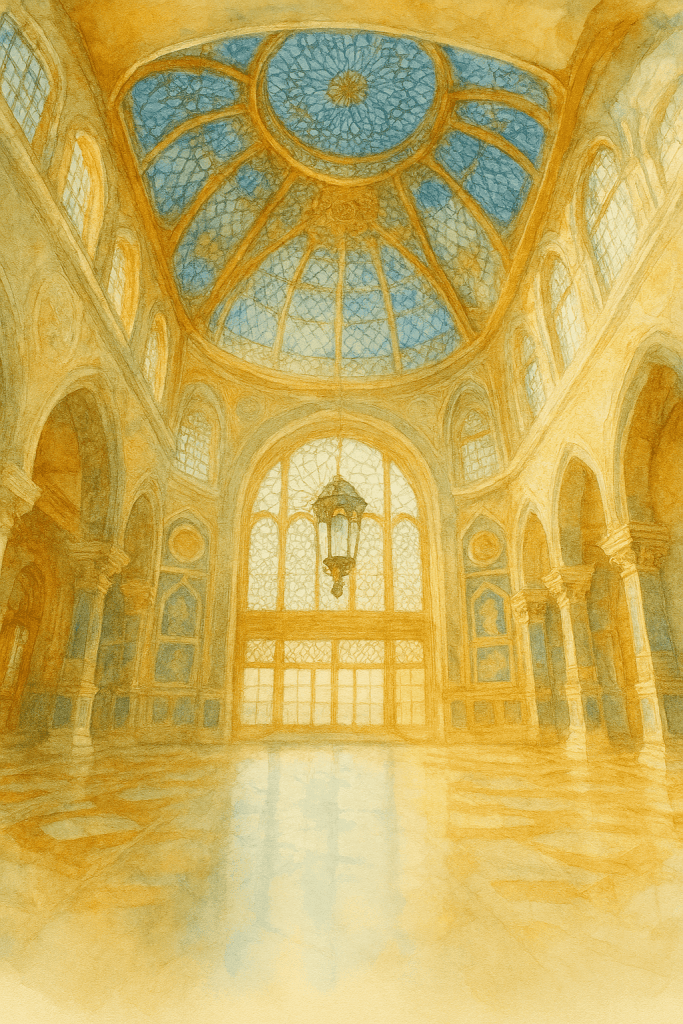 Elegantní interiér s majestickým skleněným stropem a historickými architektonickými prvky, ideální pro návštěvníky hledající krásu starých budov a umělecké inspirace.